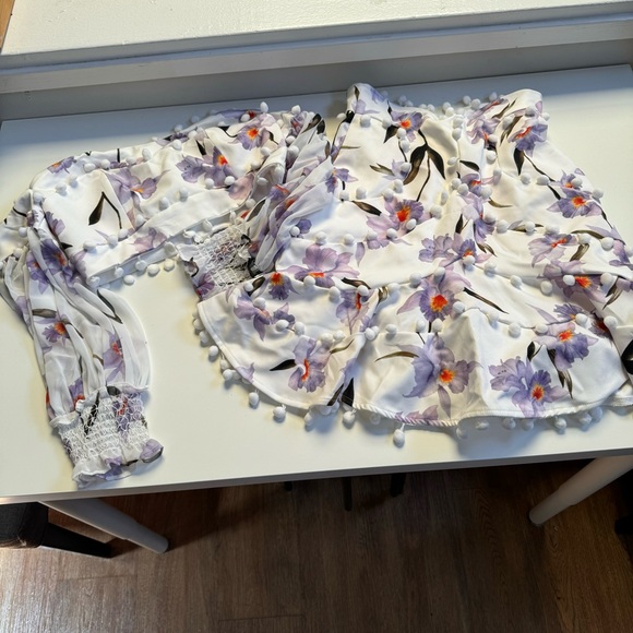 Skirt Set Floral pom pom trim Bodice off shoulder sheer sleeve crop top purple - Picture 2 of 15